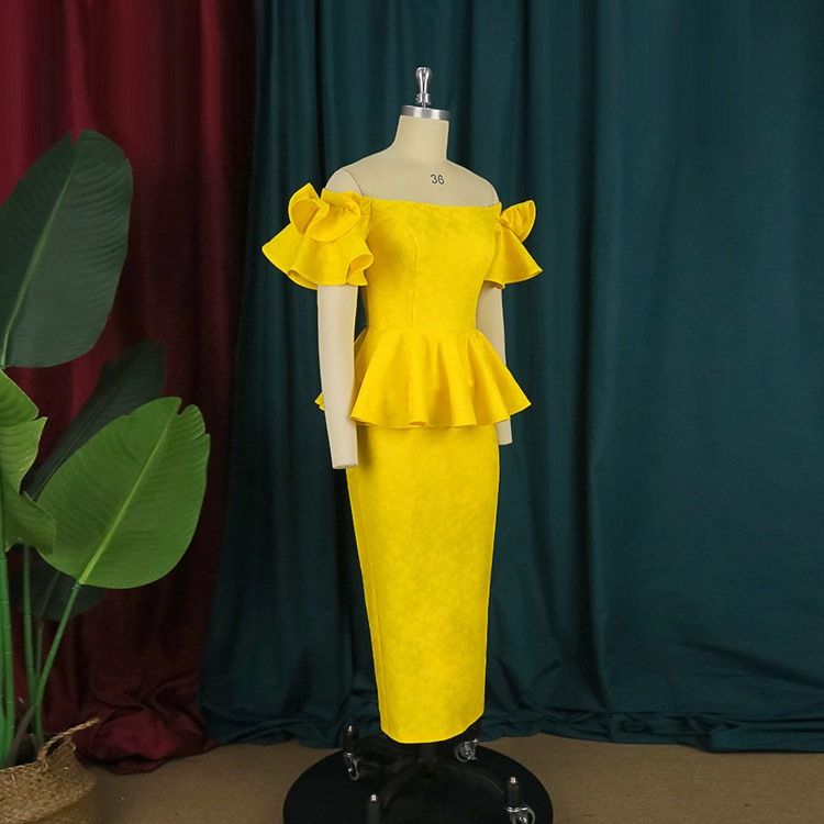 Plus Size Off Shoulder Falbala Kortärmad Petal Sleeve Office Lady Bodycon Klänning