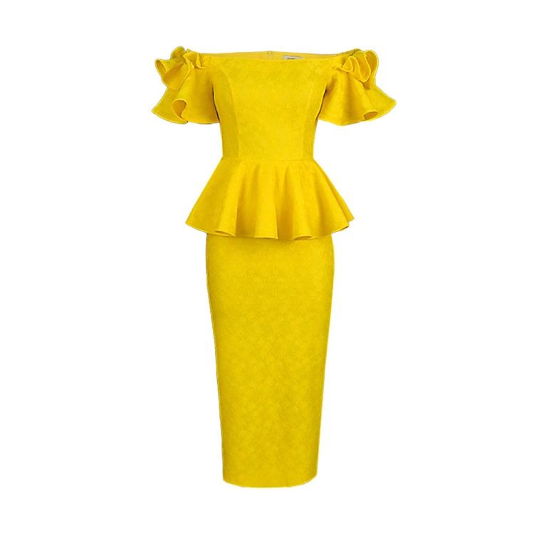 Plus Size Off Shoulder Falbala Kortärmad Petal Sleeve Office Lady Bodycon Klänning