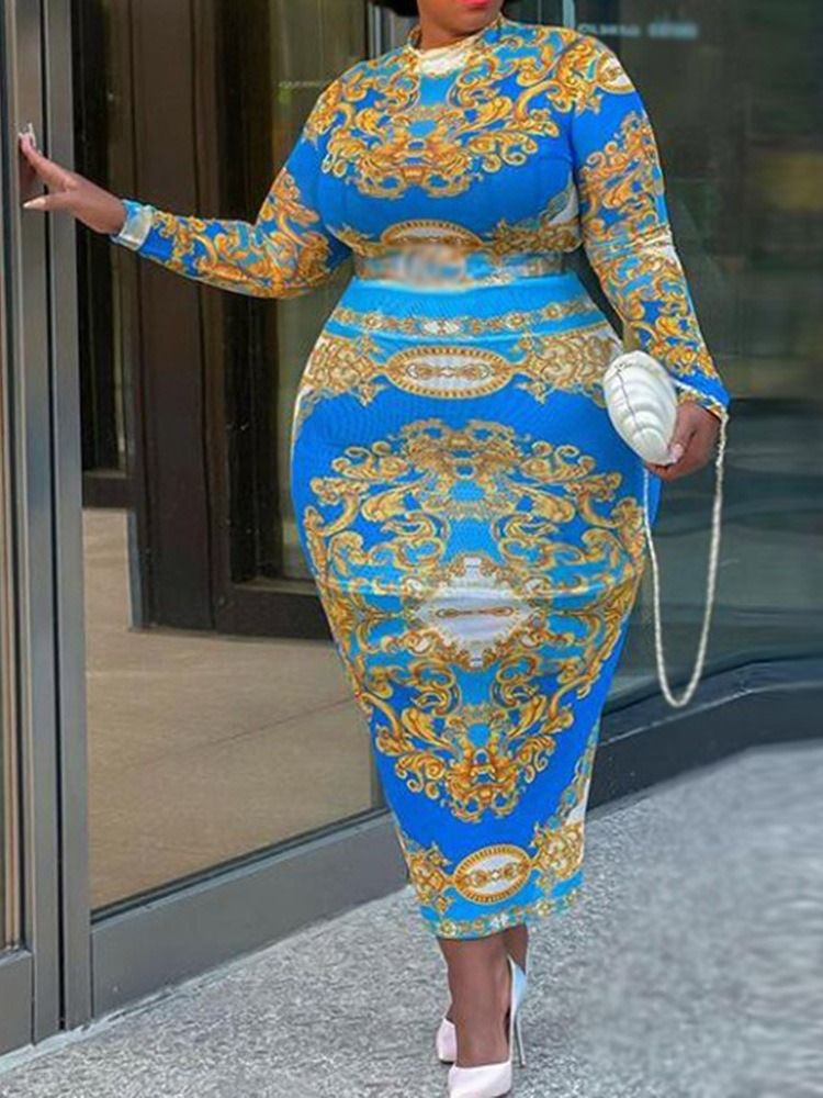 Plus Size Patchwork Ankellång Stativ Krage Bodycon Sommarklänning
