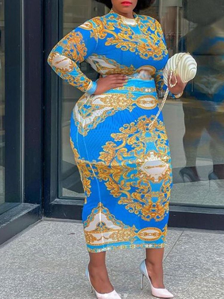 Plus Size Patchwork Ankellång Stativ Krage Bodycon Sommarklänning