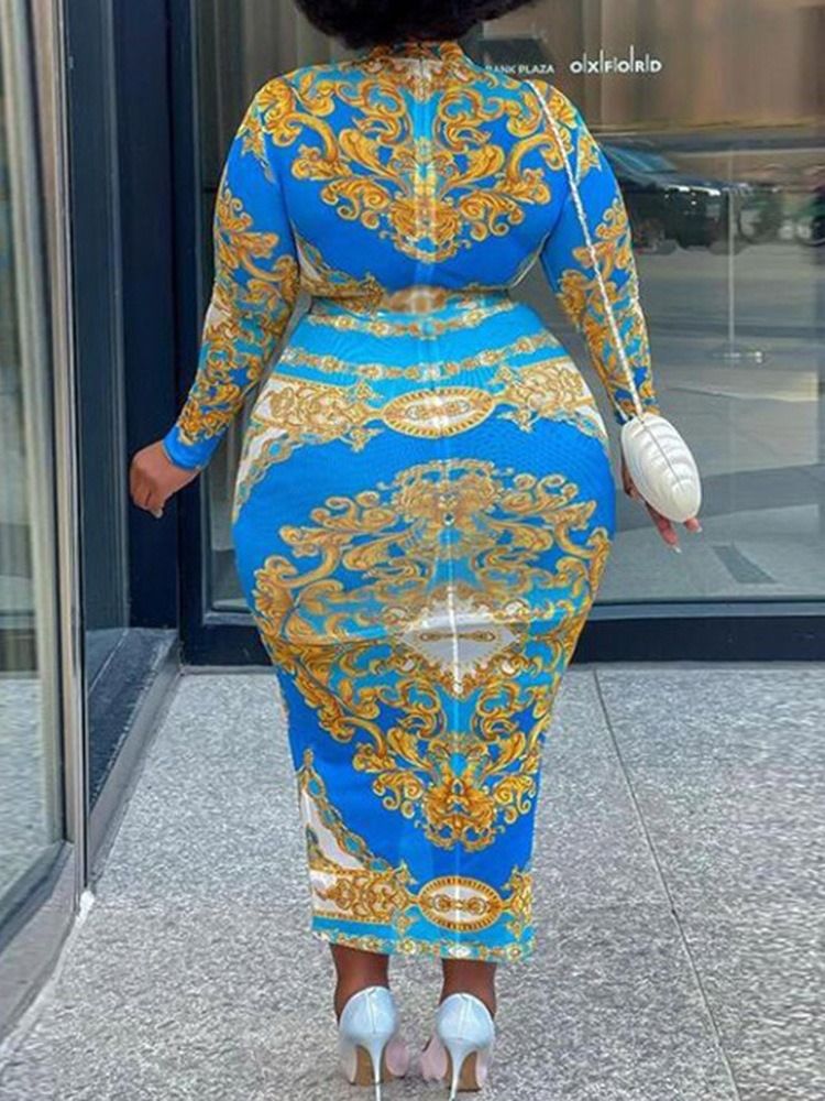 Plus Size Patchwork Ankellång Stativ Krage Bodycon Sommarklänning