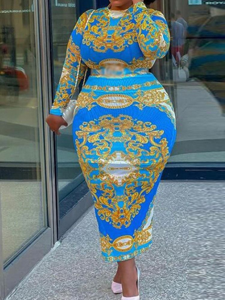 Plus Size Patchwork Ankellång Stativ Krage Bodycon Sommarklänning