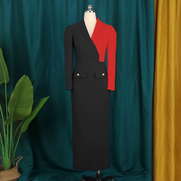 Plus Size Patchwork Långärmad Mid-Calf Bodycon Höstklänning