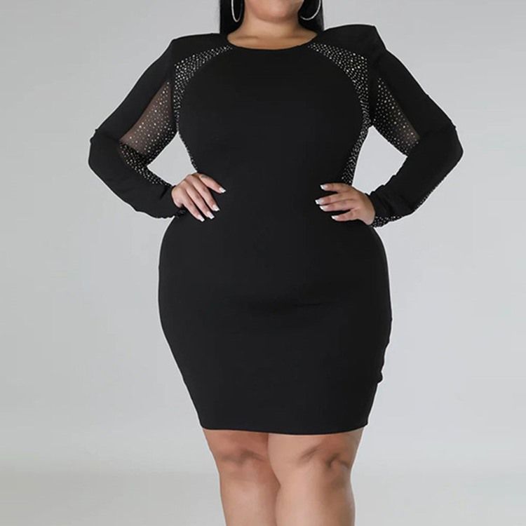 Plus Size Rund Neck Patchwork Ovanför Knä Fall Vanlig Bodycon Klänning
