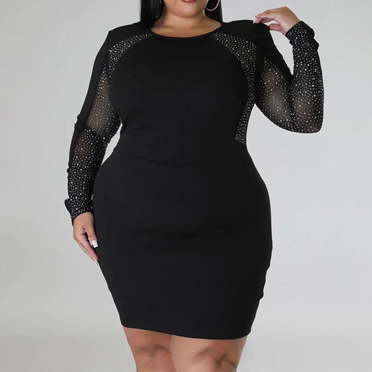 Plus Size Rund Neck Patchwork Ovanför Knä Fall Vanlig Bodycon Klänning