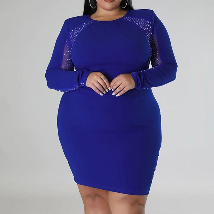 Plus Size Rund Neck Patchwork Ovanför Knä Fall Vanlig Bodycon Klänning
