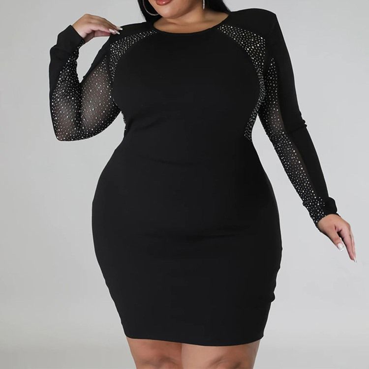 Plus Size Rund Neck Patchwork Ovanför Knä Fall Vanlig Bodycon Klänning