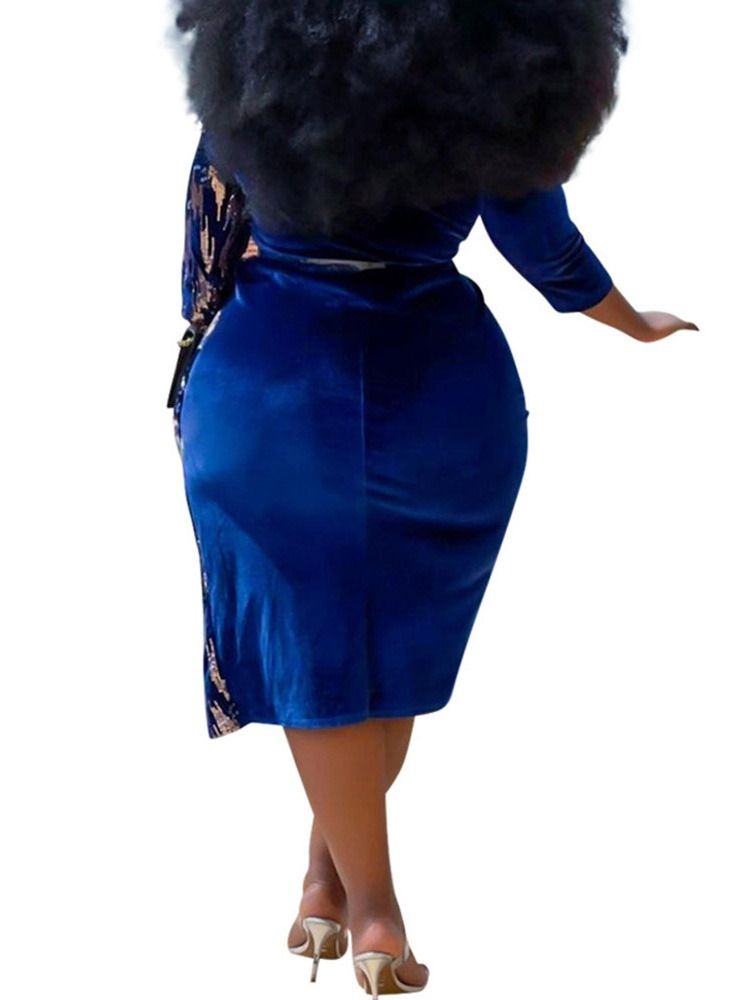 Plus Size Trekvartsärm Mid-V-Hals Hög Midja Pullover Klänning