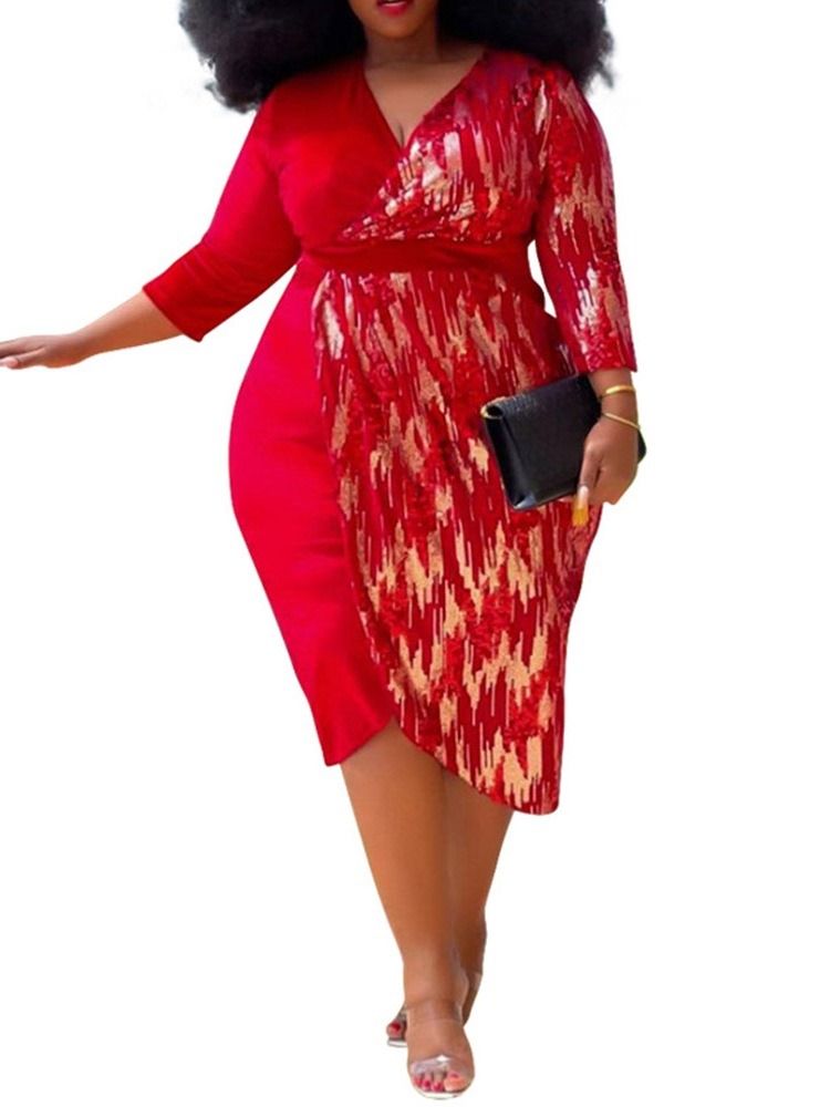 Plus Size Trekvartsärm Mid-V-Hals Hög Midja Pullover Klänning