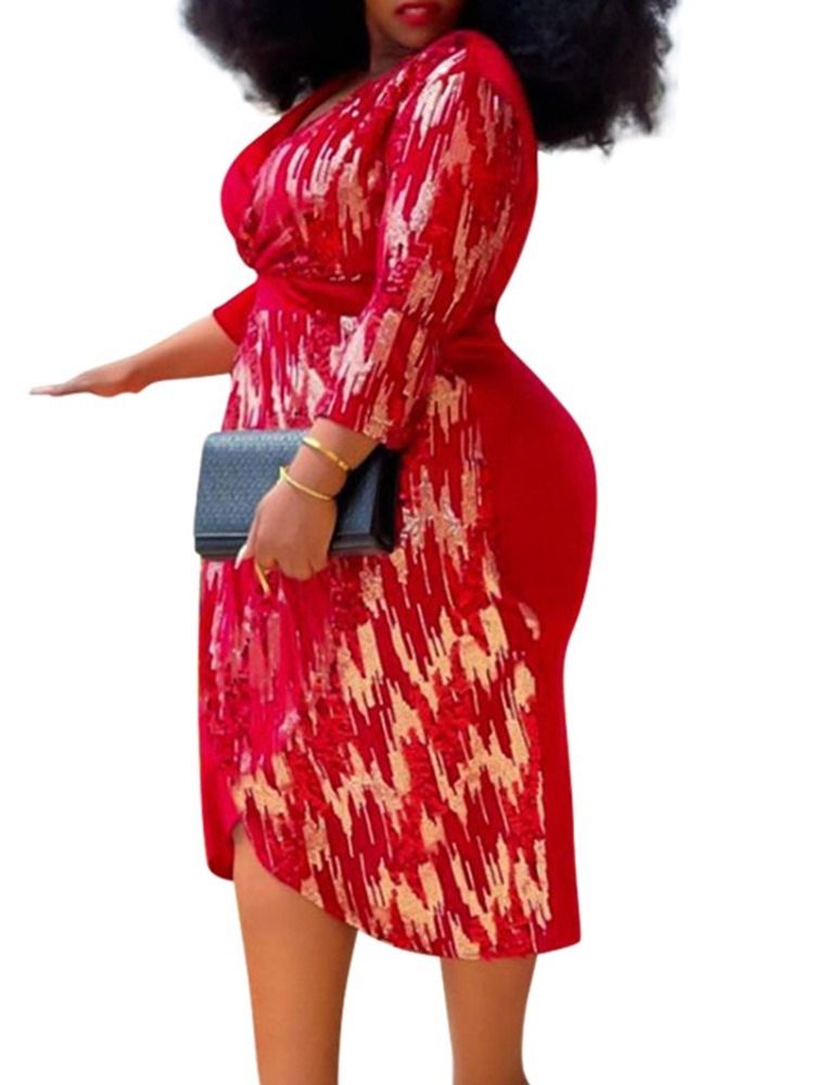 Plus Size Trekvartsärm Mid-V-Hals Hög Midja Pullover Klänning