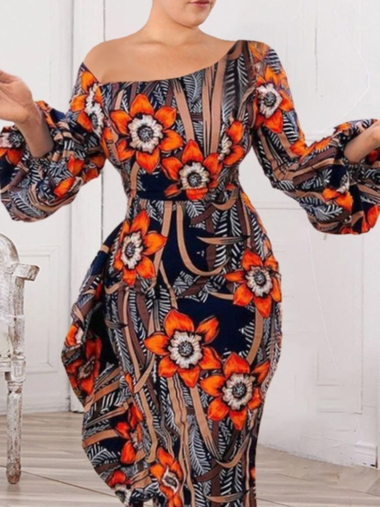 Print Mid-Calf Nine Points Sleeve Fashion High Waist Bodycon Klänning