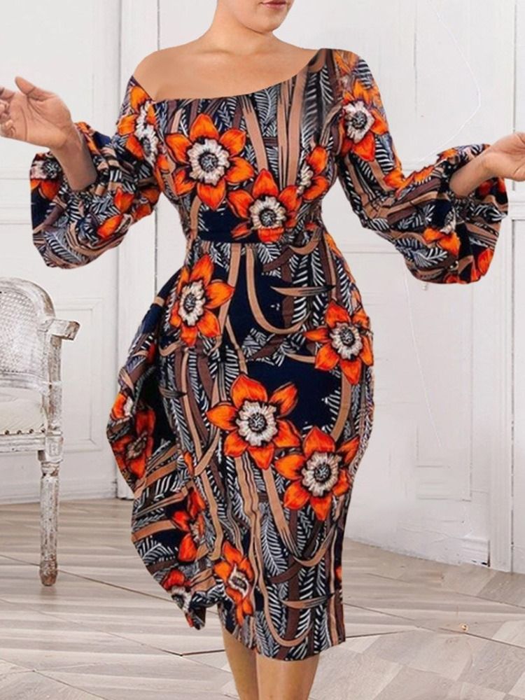 Print Mid-Calf Nine Points Sleeve Fashion High Waist Bodycon Klänning