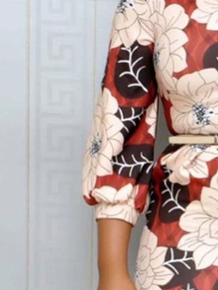 Print Mid-Calf Rund Neck Lantern Sleeve Pullover Klänning