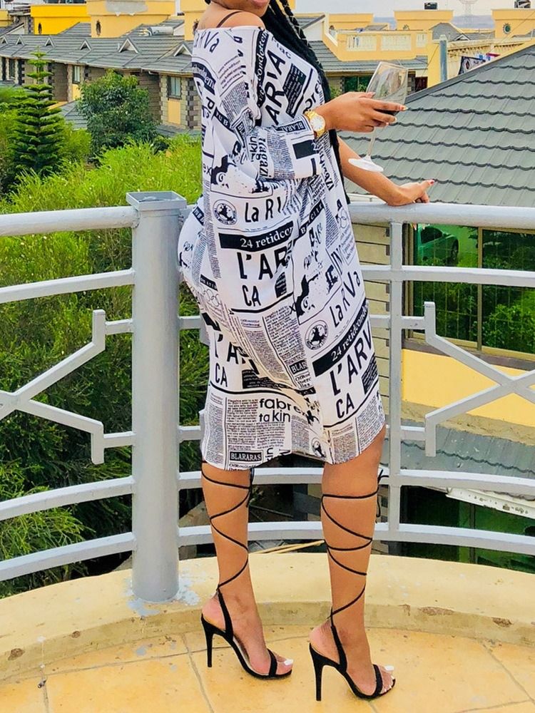 Print Sned Krage Långärmad Bodycon Modeklänning