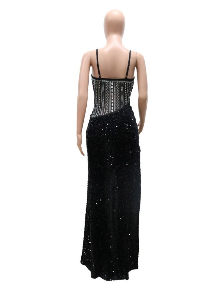 Rhinestone Golvlång Ärmlös Slät Asymmetrisk Klänning