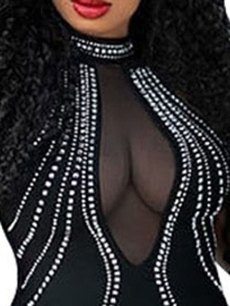 Rhinestone Pencil Sexig Stand Collar Mesh Pullover Klänning