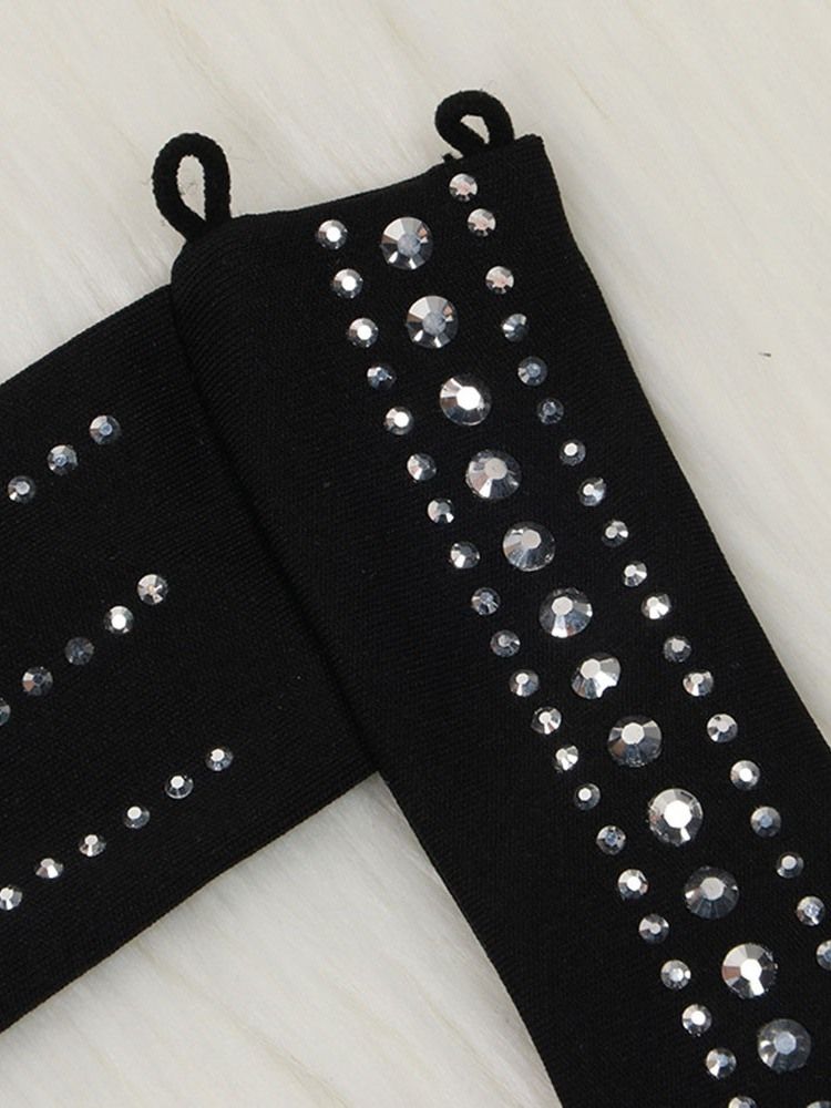 Rhinestone Pencil Sexig Stand Collar Mesh Pullover Klänning