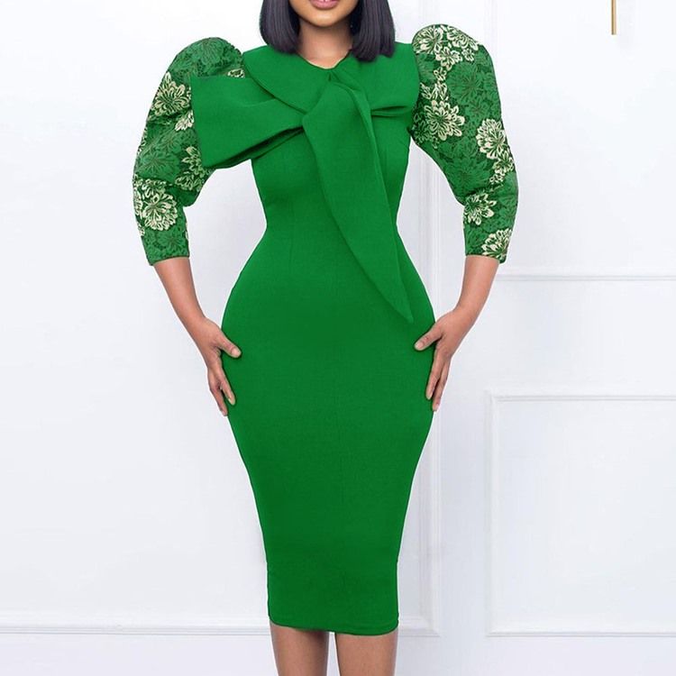 Rosettkrage Knälång Trekvartsärm Bodycon Mid Waist Klänning
