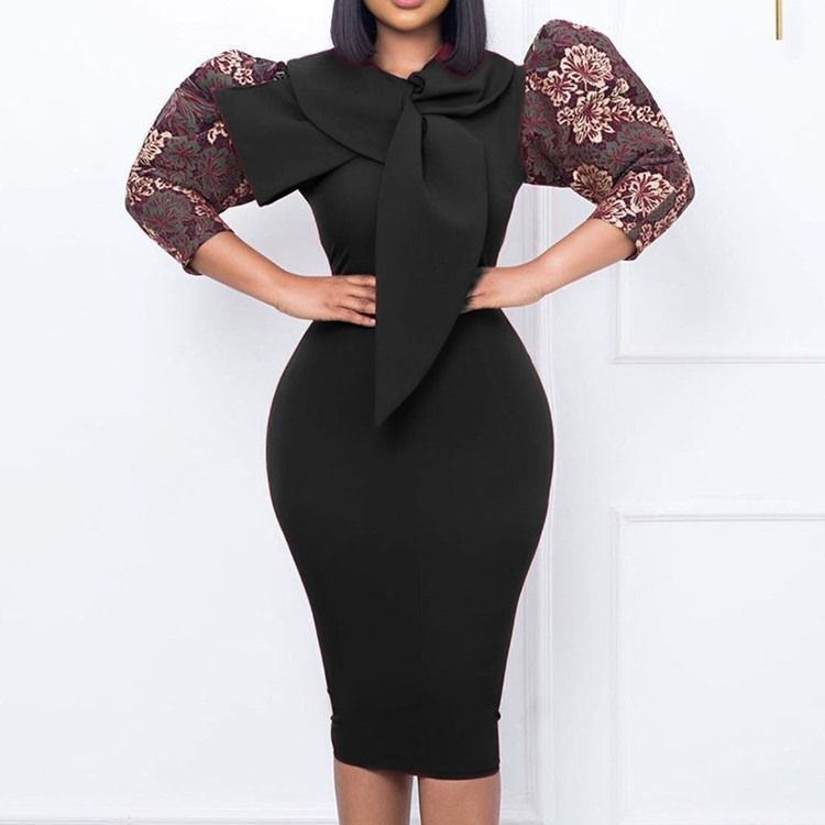 Rosettkrage Knälång Trekvartsärm Bodycon Mid Waist Klänning