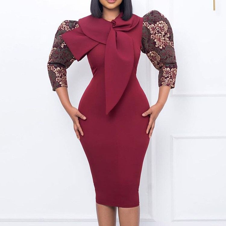 Rosettkrage Knälång Trekvartsärm Bodycon Mid Waist Klänning