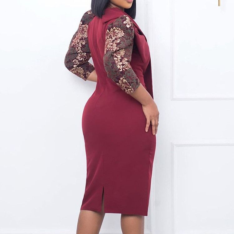 Rosettkrage Knälång Trekvartsärm Bodycon Mid Waist Klänning