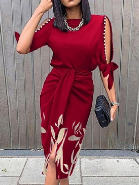 Round Neck Hollow Mid-Calf Color Block Bodycon Klänning