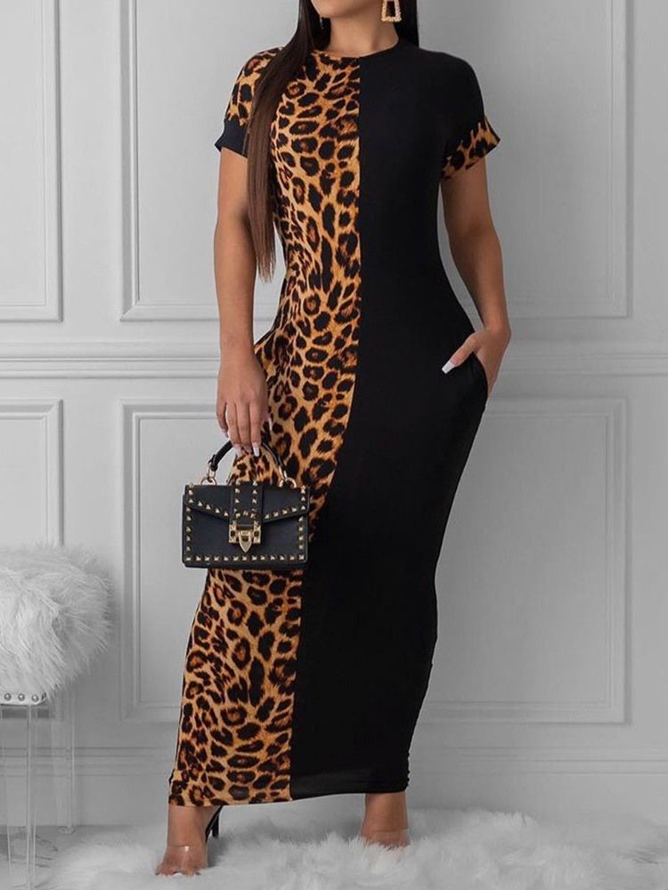 Rund Hals Ankellång Kortärmad Regular Pencil Bodycon Klänning
