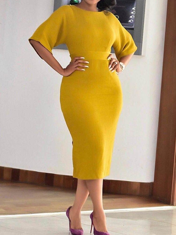 Rund Hals Halvärm Mid-Calf Regular Bodycon Klänning