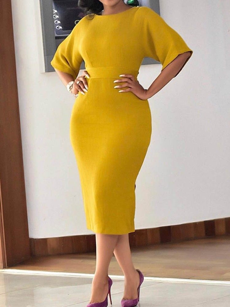 Rund Hals Halvärm Mid-Calf Regular Bodycon Klänning