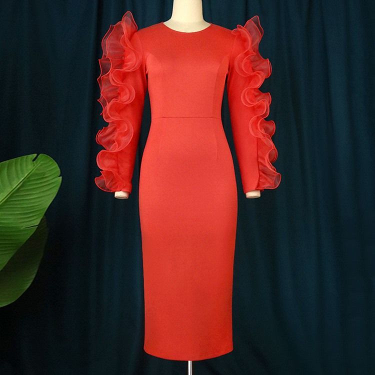 Rund Hals Patchwork Långärmad Pullover Office Lady Bodycon Klänning