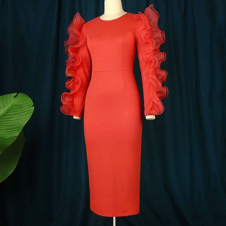 Rund Hals Patchwork Långärmad Pullover Office Lady Bodycon Klänning