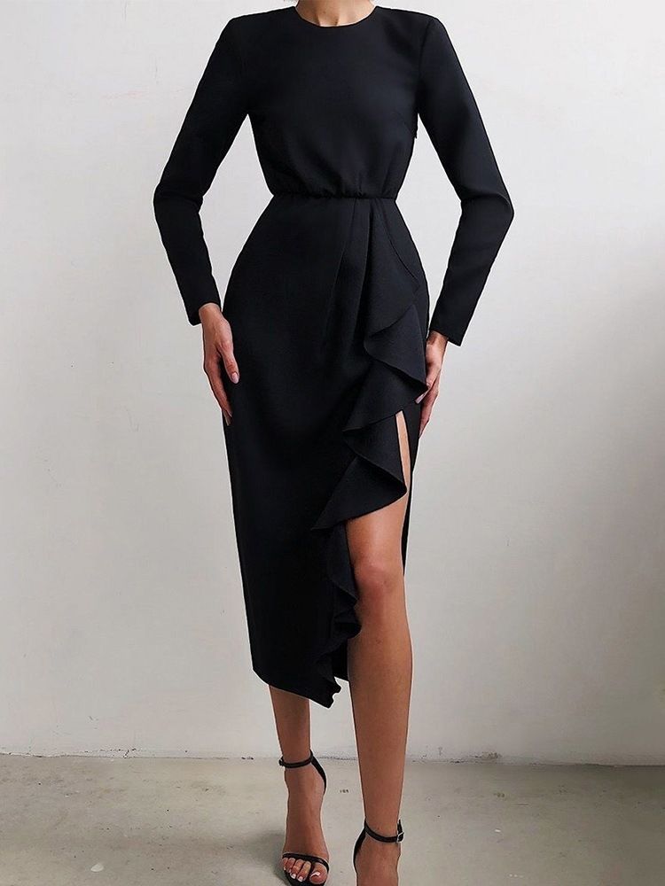 Rundhalsad Långärmad Falbala Fashion Bodycon Klänning