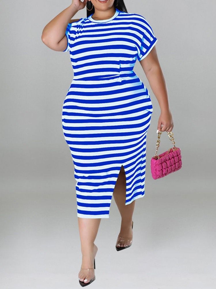 Rundhalsad Mid-Kalvtröja Med Hög Midja Delad Bodycon-Klänning