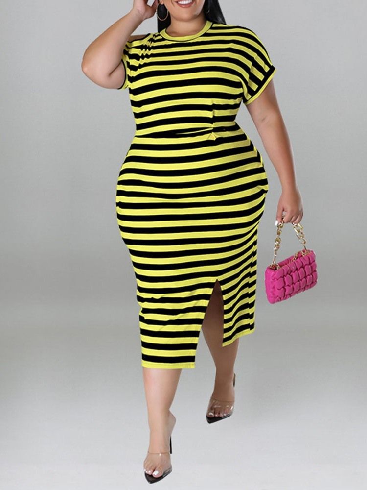 Rundhalsad Mid-Kalvtröja Med Hög Midja Delad Bodycon-Klänning