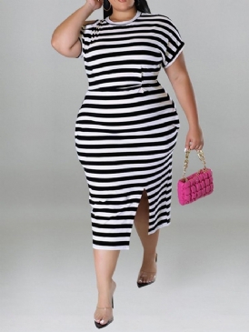Rundhalsad Mid-Kalvtröja Med Hög Midja Delad Bodycon-Klänning