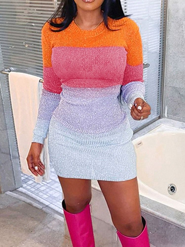 Rundhalsad Patchwork Långärmad Regular Color Block Bodycon Klänning