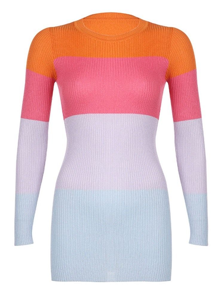 Rundhalsad Patchwork Långärmad Regular Color Block Bodycon Klänning