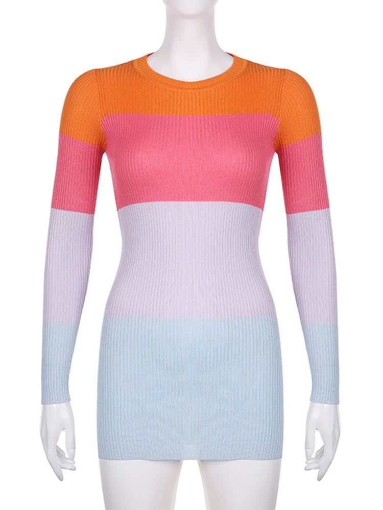 Rundhalsad Patchwork Långärmad Regular Color Block Bodycon Klänning