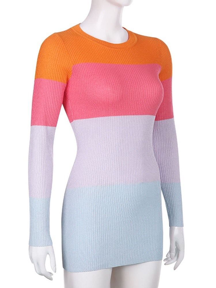 Rundhalsad Patchwork Långärmad Regular Color Block Bodycon Klänning