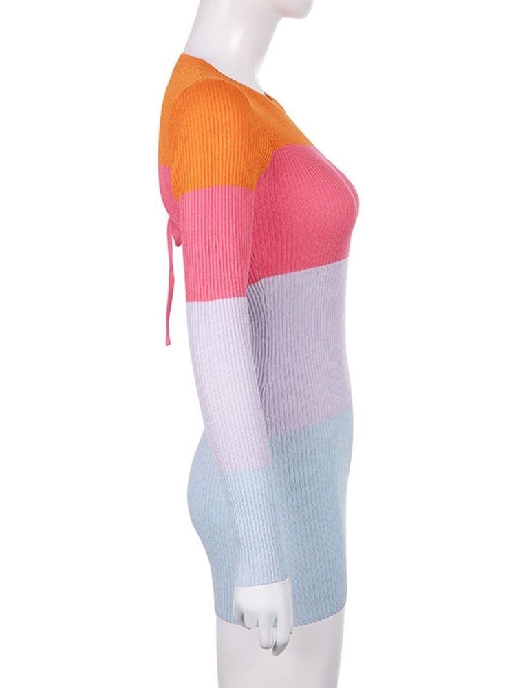 Rundhalsad Patchwork Långärmad Regular Color Block Bodycon Klänning