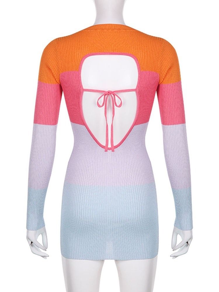 Rundhalsad Patchwork Långärmad Regular Color Block Bodycon Klänning