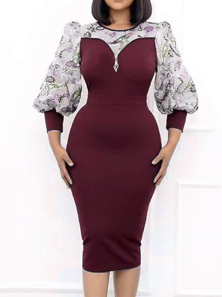 Rundhalstryck Mid-Calf Fall Bodycon Klänning