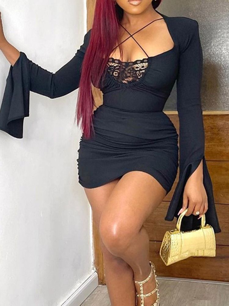 Rygglös Långärmad Ovanför Knä Enkel Bodycon-Klänning