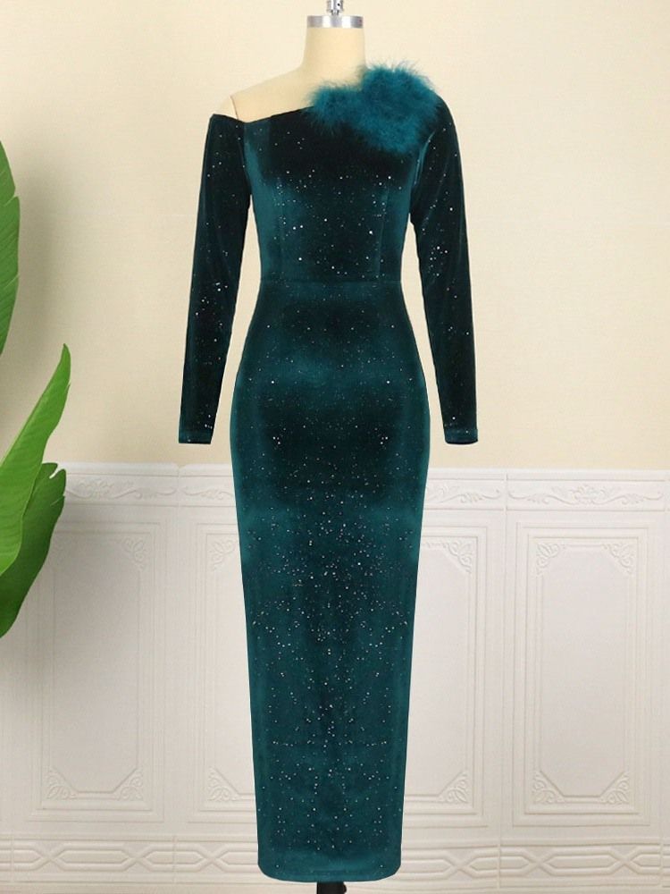 Snedkrage Ankellång Fjädertröja Fall Bodycon Klänning