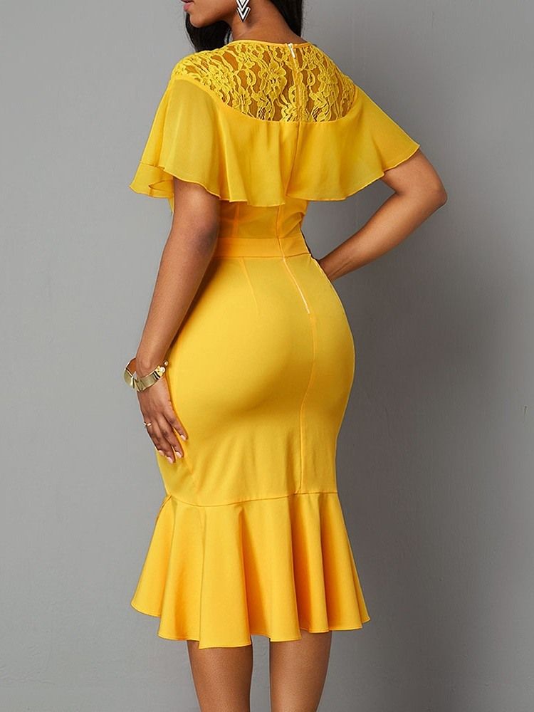 Spets Kortärmad Rund Hals Hög Midja Pullover Bodycon Klänning