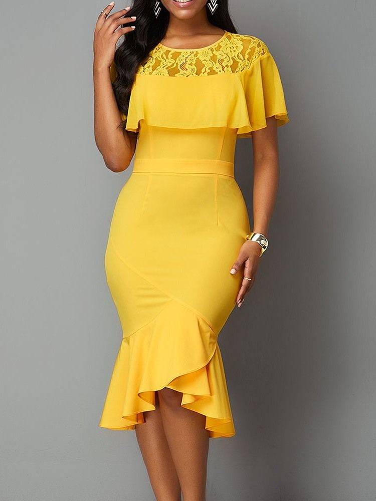 Spets Kortärmad Rund Hals Hög Midja Pullover Bodycon Klänning