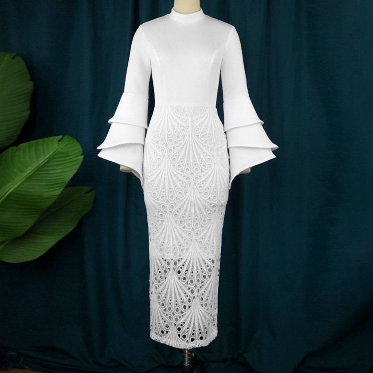 Stativkrage Långärmad Mid-Kalf Flare Sleeve Fall Plus Size Bodycon Klänning