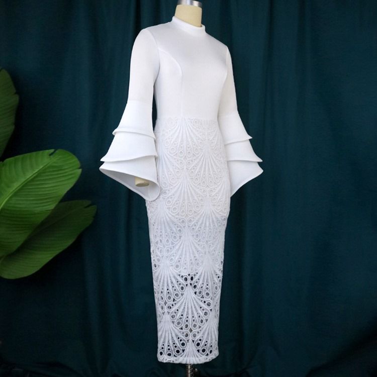 Stativkrage Långärmad Mid-Kalf Flare Sleeve Fall Plus Size Bodycon Klänning