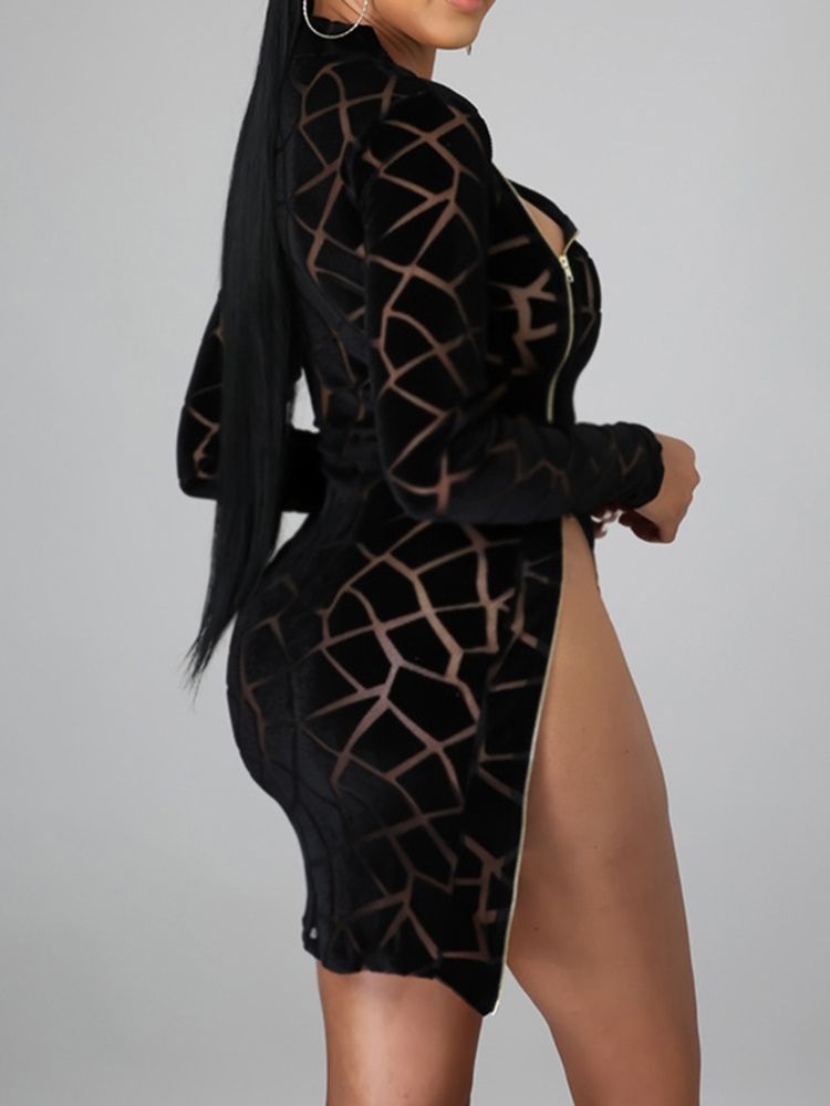 Stativkrage Långärmad Patchwork Bodycon Zipper Klänning