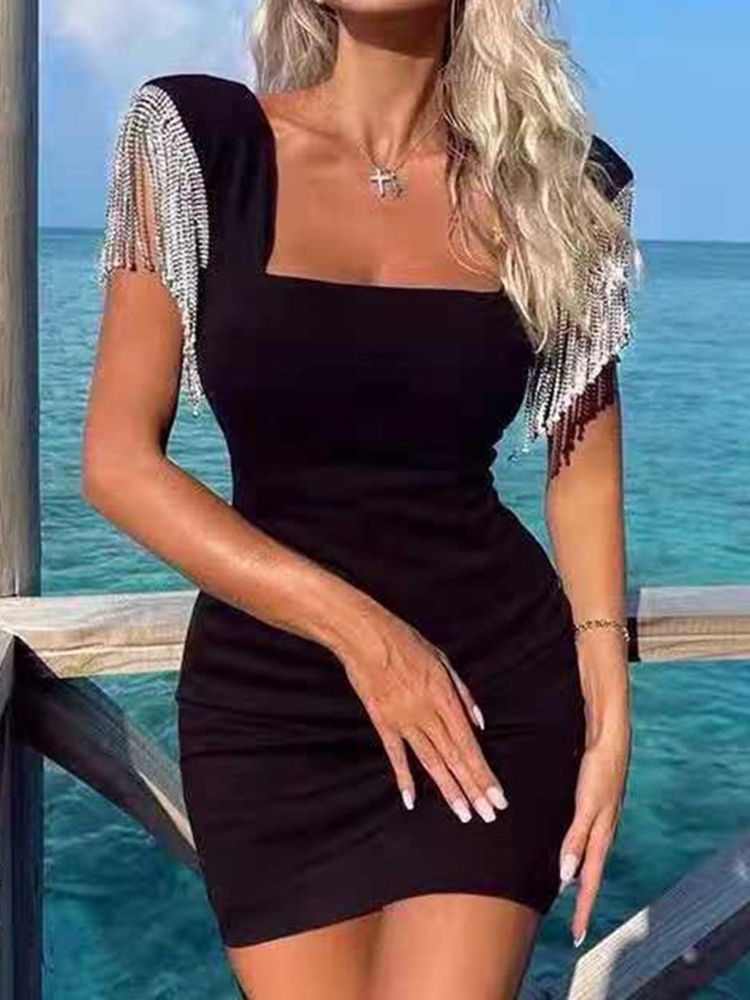 Tofs Square Neck Above Knee Color Block Bodycon Klänning